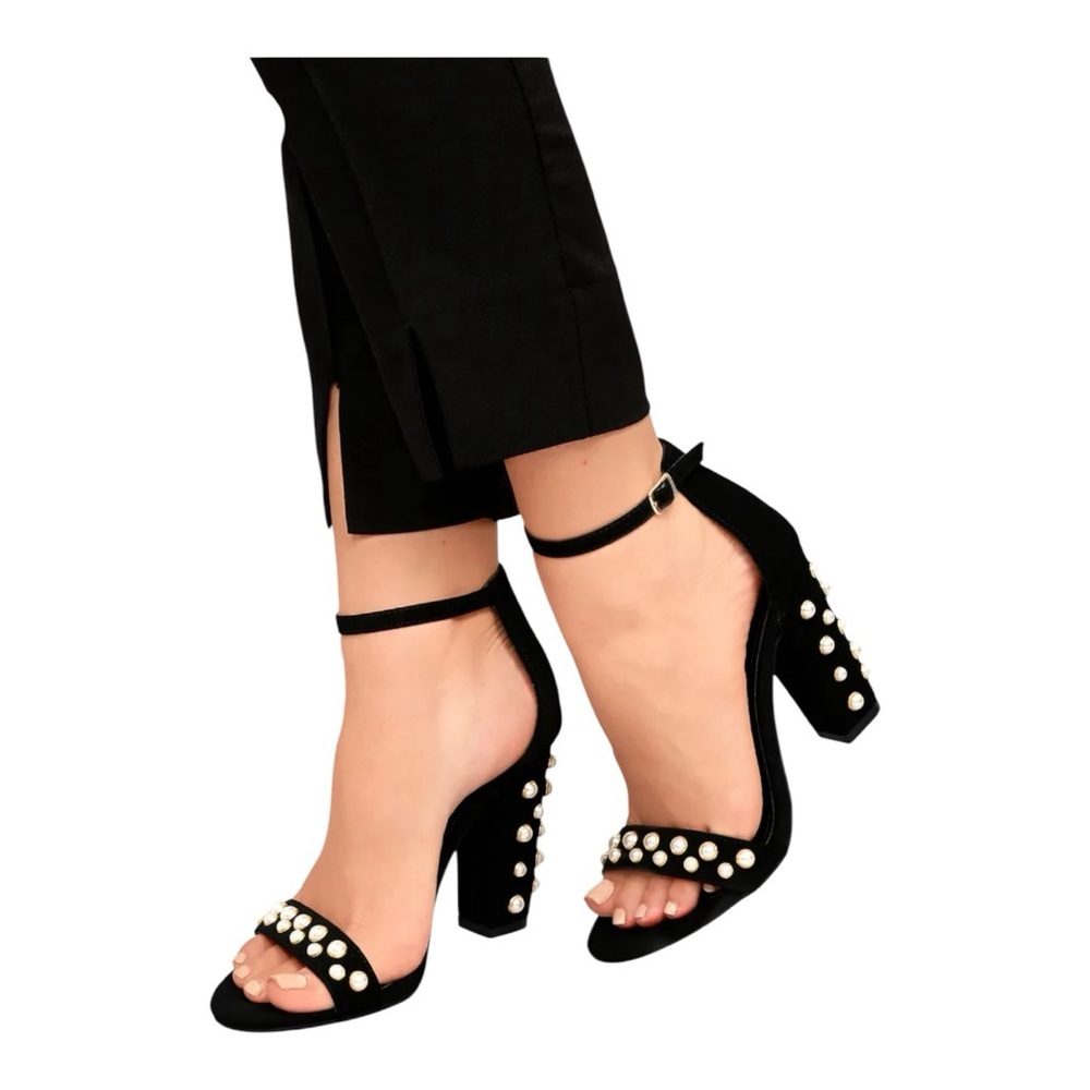 Lenore Black Makena Nubuck Pearl Ankle Strap Heels